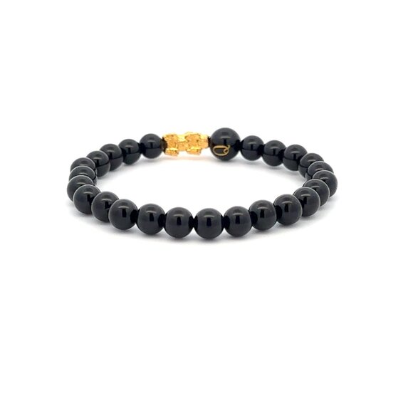 18K Gold Pixiu Piyao Bracelet Gemstones Onyx 6mm Elastic Bracelet Letter Q - Picture 3 of 6